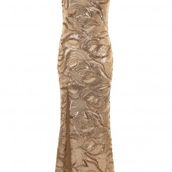 Блестяща Дълга Златна Рокля Цепка Пайети
