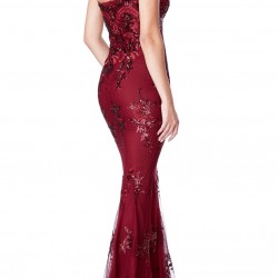 Блестяща Бална Дълга Рокля Бордо Пайети