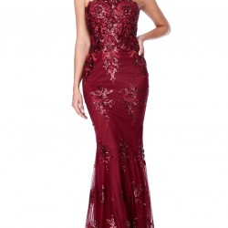 Блестяща Бална Дълга Рокля Бордо Пайети