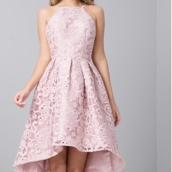 Асиметрична Официална Рокля Дантела Розов Крем