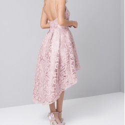 Асиметрична Официална Рокля Дантела Розов Крем