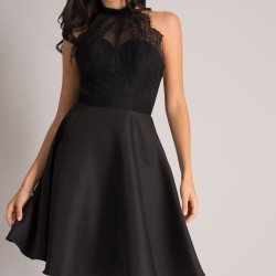  Вечерна Секси Къса Черна Рокля Сатен и Дантела