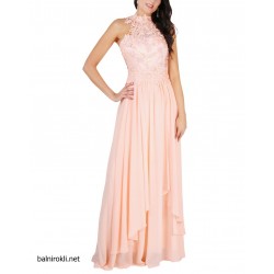 Бална Дълга Розова Рокля Шифон Гол Гръб