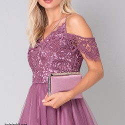 Вечерна Къса Парти Виолетова Рокля Дантела и Тюл