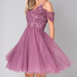 Вечерна Къса Парти Виолетова Рокля Дантела и Тюл