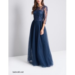 Дълга Официална Тъмносиня Рокля Тюл и Дантела Гол Гръб Дълга Официална Тъмносиня Рокля Тюл и Дантела Гол Гръб