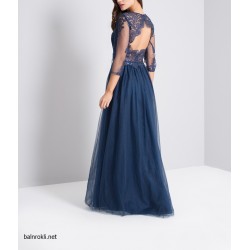 Дълга Официална Тъмносиня Рокля Тюл и Дантела Гол Гръб Дълга Официална Тъмносиня Рокля Тюл и Дантела Гол Гръб