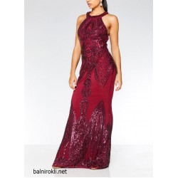 Блестяща Дълга Бална Рокля Бордо Гол гръб