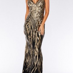 Бална Блестяща Дълга Черна Рокля Златни Декорации