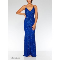 Бална Рокля Дълга СИН ЦВЯТ ГОЛ ГРЪБ Бална Рокля Дълга СИН ЦВЯТ ГОЛ ГРЪБ