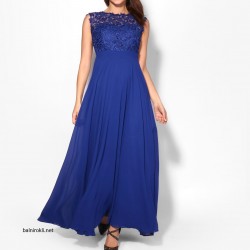 Бална Дълга Синя Рокля Дантела и Шифон 10