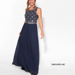 Дълга Официална Тъмносиня Рокля Шифон Декорация