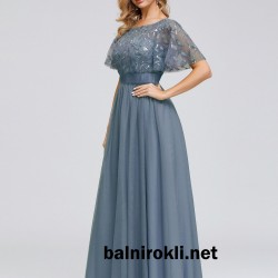 Eлегантна Синя Бална Рокля от Тюл с Декорация Eлегантна Синя Бална Рокля от Тюл с Декорация