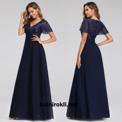 Елегантна Дълга  Вечерна Рокля Син Шифон Ръкави