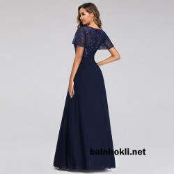 Елегантна Дълга  Вечерна Рокля Син Шифон Ръкави