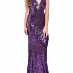 Бална Лилава Блестяща Дълга Рокля Пайети