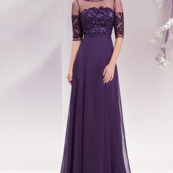 Елегантна Дълга  Лилава Коктейлна Рокля Бюстие Дантела Прозрачен Панел 