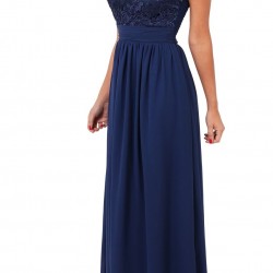 Дълга Тъмносиня Бална Рокля Дантела Диаманти