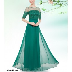 Вечерна Елегантна Зелена Рокля Шифон Прозрачен Панел и Дантела 