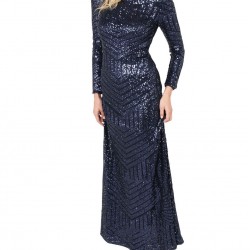 Блестяща Дълга Рокля Тъмносин Цвят Паейти