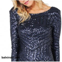 Блестяща Дълга Рокля Тъмносин Цвят Паейти