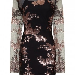 Блестяща Къса Права Черна Рокля Ръкави Златни Декорации