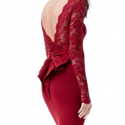 Елегантна Къса Тъмночервена Рокля Дантела Гол Гръб
