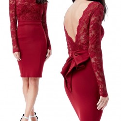 Елегантна Къса Тъмночервена Рокля Дантела Гол Гръб