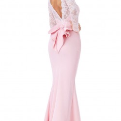 Дълга Официална Розова Рокля за Бал Гол Гръб