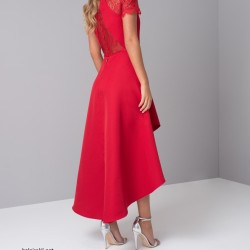 Асиметрична Вечерна Червена Рокля Сатен и Дантела