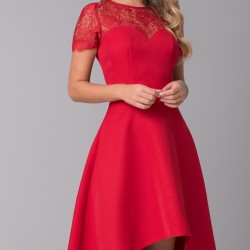 Асиметрична Вечерна Червена Рокля Сатен и Дантела