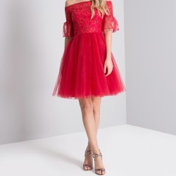 Абитуриентска Къса Червена Рокля Тюл Блестящо Бюстие Абитуриентска Къса Червена Рокля Тюл Блестящо Бюстие