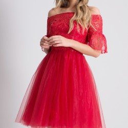 Абитуриентска Къса Червена Рокля Тюл Блестящо Бюстие Абитуриентска Къса Червена Рокля Тюл Блестящо Бюстие
