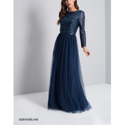 Бална Дълга Тъмносиня Рокля Пайети Тюл Бална Дълга Тъмносиня Рокля Пайети Тюл