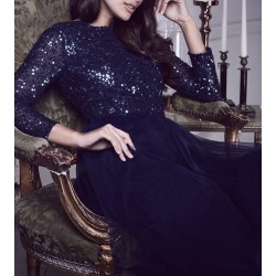 Бална Дълга Тъмносиня Рокля Пайети Тюл