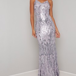 Блестяща Дълга Сребриста Бална Рокля