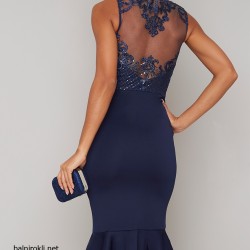 Елегантна Тъмносиня Официална Парти Рокля Прозрачен Панел 