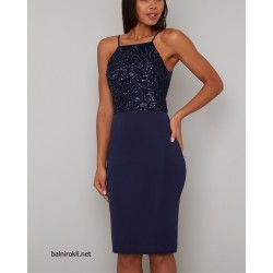 Блестяща Права Тъмносиня Рокля Бюстие Пайети