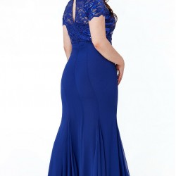Елегантна Дълга Синя Рокля Бюстие Дантела Шифон Русалка