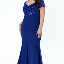 Елегантна Дълга Синя Рокля Бюстие Дантела Шифон Русалка