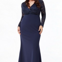 Бална Дълга Тъмносиня Рокля Макси Дами Бюстие Дантела Ръкави 2