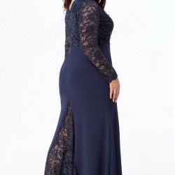 Бална Дълга Тъмносиня Рокля Макси Дами Бюстие Дантела Ръкави 2