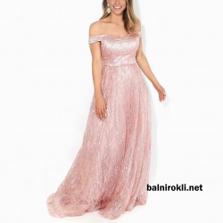 Бална Розова Дълга Блестяща Рокля 