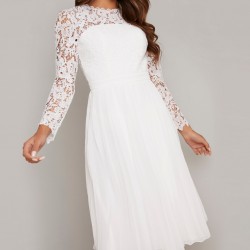 Бяла Официална Рокля Дантела Шифон Средна Дължина