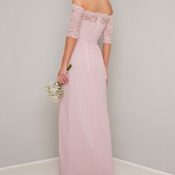 Абитуриентска Дълга Розова Рокля Дантела и Шифон Плисе