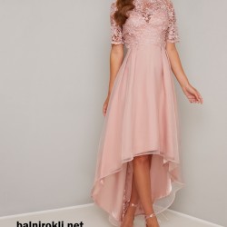 Асиметрична Елегантна Официална Розова Рокля Дантела