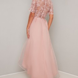 Асиметрична Елегантна Официална Розова Рокля Дантела