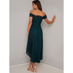 Асиметрична Абитуриентска Дантелена Зелена Рокля Деколте