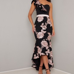 Абитуриентска Дълга Асиметрична Черна Рокля Апликации