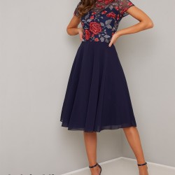 Елегантна Тъмносиня Официална Рокля Шифон Бюстие Флорал